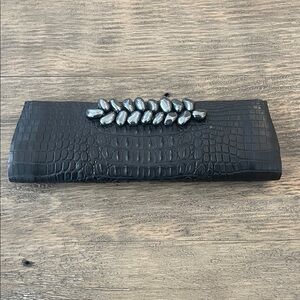 Chic Black Crocodile-Embossed Clutch with Gem Detail